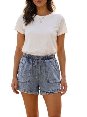 Casual Women's Drawstring Denim-Style Shorts - Size L NWT Blue Pull On Stretch